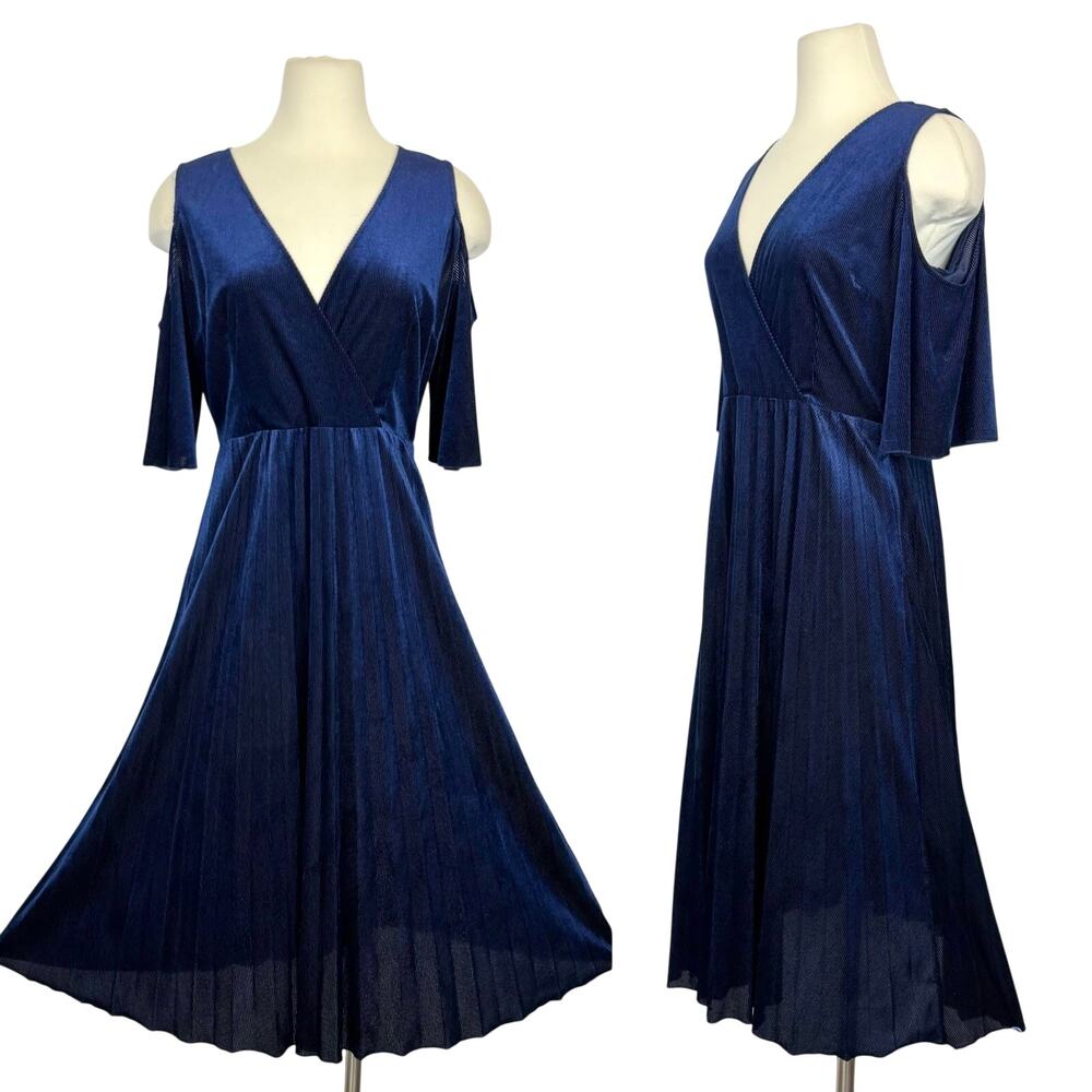 MAJE Ragui Cold-Shoulder Pleated Velvet Midi Dress Dark Blue Size 3 (US L)